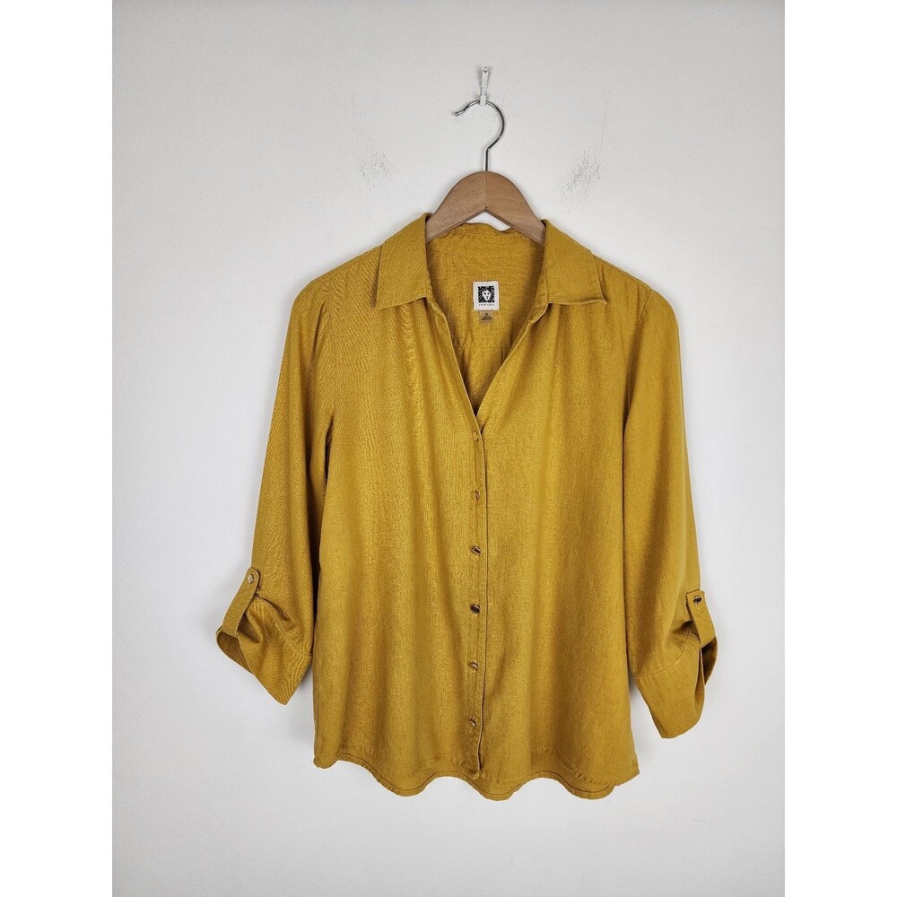 Anne Klein Linen blend yellow mustard button-up blouse roll-tab sleeves size M - Picture 3 of 9